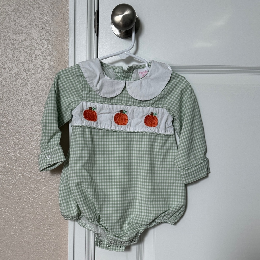 Green Gingham Kids One Piece with Pumpkin Embroidery